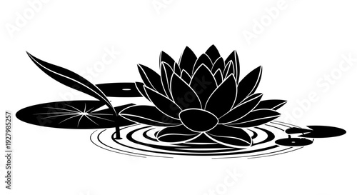 Black and white illustration of a lotus flower on water.