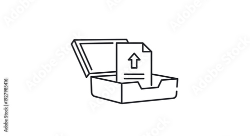 Line art icon of a document with an upload arrow inside an open inbox tray, symbolizing file transfer or organization.