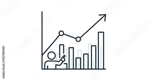 Line art icon depicting a person analyzing a bar chart with an upward trending line graph, symbolizing business growth and data analysis.