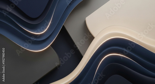 Modern abstract design with wavy lines and glowing edges in dark blue and beige