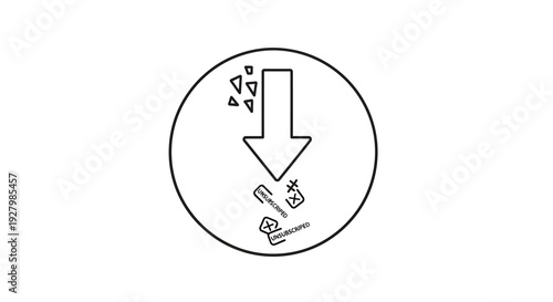 Line art icon depicting an arrow pointing downwards, collecting small triangular debris and various tiny discarded objects within a circular frame, symbolizing waste management or recycling.