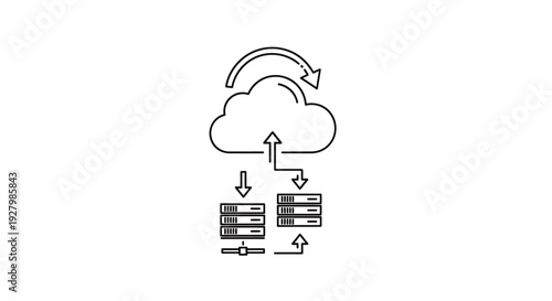 Black line icon depicting cloud computing, data synchronization, and server infrastructure with arrows indicating data flow and backup processes.