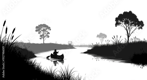 Serene black and white illustration of a person fishing in a tranquil river surrounded by lush vegetation.