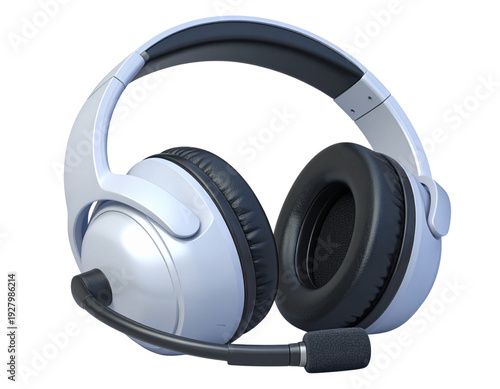 Professional white gaming headset with microphone isolated on transparent background for call center
