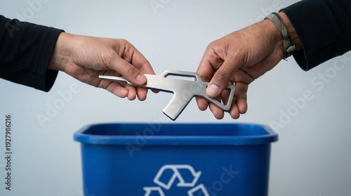 Hands disposing gun in recycling bin on International Day for Disarmament and Non-Proliferation Awareness