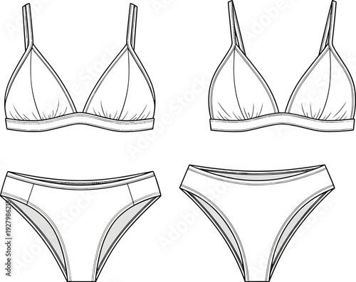 Women bikini set outline vector, bralette and panties line art illustration isolated on white background fashion template