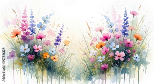 Watercolor painting of colorful wildflowers and grass with splashes on white background