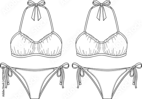 Women bikini swimsuit outline vector set, line art two piece beachwear illustration isolated on white background fashion design