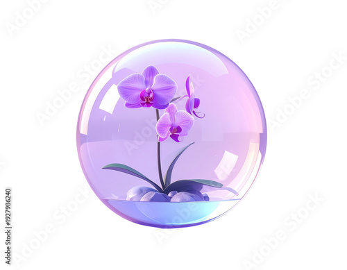 Purple orchid flowers in a clear glass sphere with water and stones, isolated on gradient background.