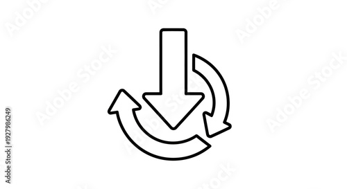 Outline icon showing a downward arrow surrounded by two circular refresh arrows, symbolizing download and update processes.