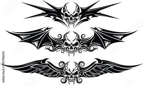 Aggressive Gothic Skull Tribal Tattoo Vector Set Featuring Gothic Vampire Skulls with Sharp Spiky Geometric Bat and Eagle Wings Illustration Designs