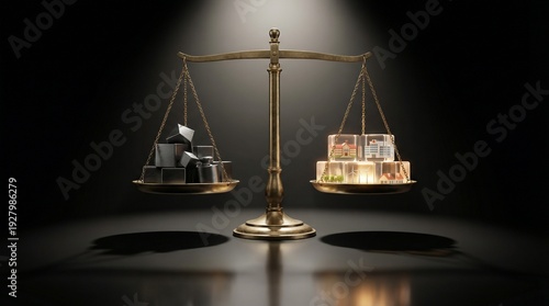Symbolic scales balancing nuclear weapons and gold bars, representing the International Day for Disarmament and Non-Proliferation Awareness, with a spotlight shining down