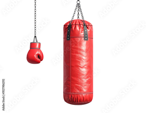 Red leather boxing glove and punching bag hanging on chains against a bright white studio background