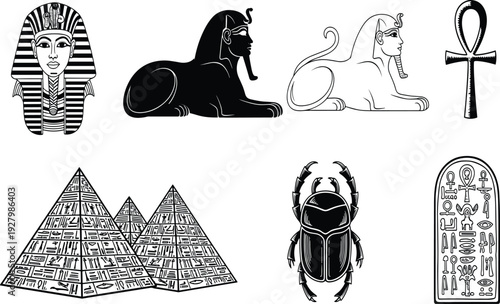 Ancient Egyptian Culture Vector Icon Set Featuring Pharaoh Tutankhamun Mask Sphinx Statues Great Pyramids Scarab Beetle Ankh Symbol and Hieroglyphic Cartouche Illustrations