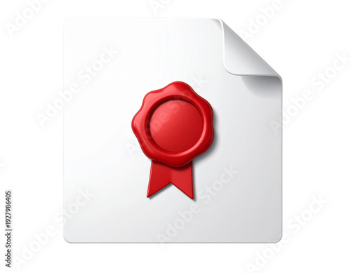 Red wax seal on white paper with curled corner isolated on transparent background quality guarantee
