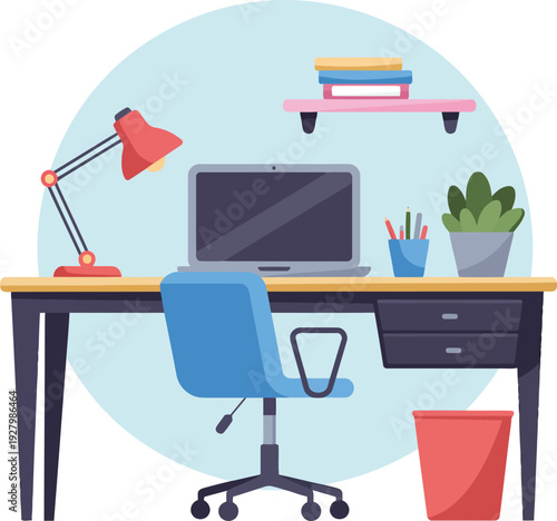 A home office workspace with a desk and chair