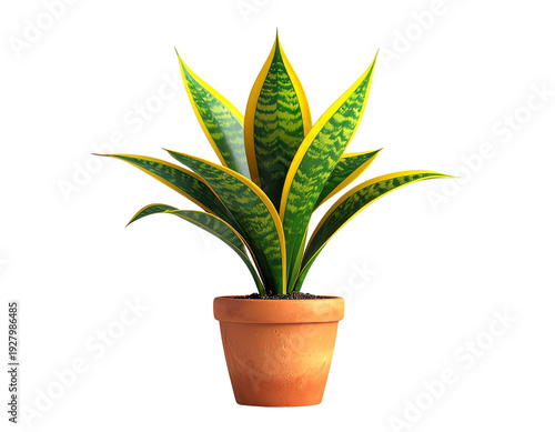 Sansevieria snake plant in terracotta clay pot isolated on transparent background for interior design