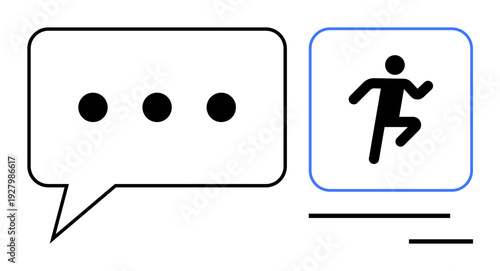Communication, teamwork, decision-making, motivation, progress, fitness goals. Image features a speech bubble with three dots and a symbol of a running person. Communication and teamwork concept
