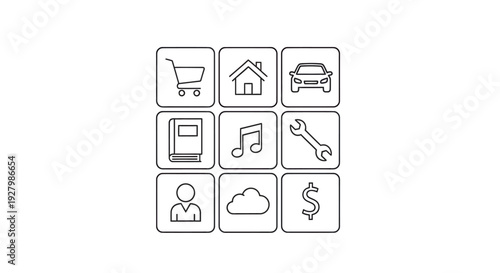 A grid of nine simple outline icons representing various common concepts like shopping, home, car, book, music, tools, user, cloud, and money.