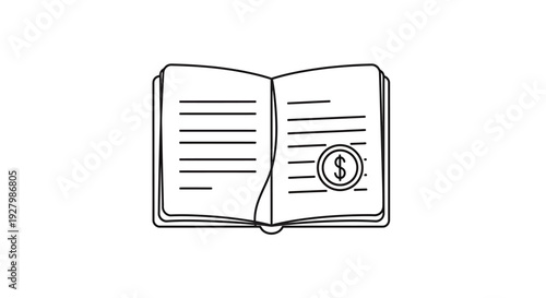 Line art illustration of an open book with a dollar sign stamp on one page, representing finance or accounting.