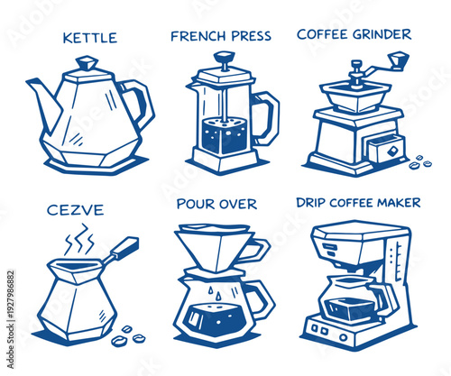 hand drawn coffee brewing equipment set including kettle, french press, grinder, cezve pour over and drip coffee maker. Barista and specialty coffee vector illustration.