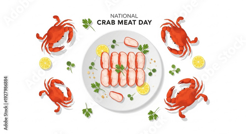 National Crab Meat Day Fresh Crab Meat Plate with Whole Crabs Lemon and Herbs Vector Illustration