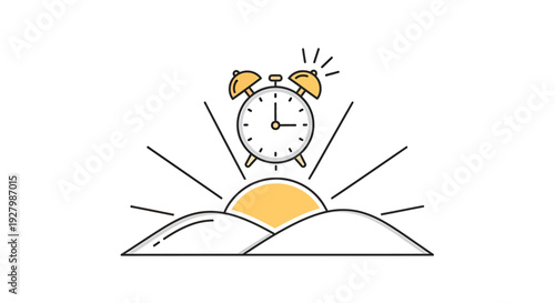 Minimalist line art illustration of a golden alarm clock ringing above a rising sun over hills, symbolizing morning and new beginnings.