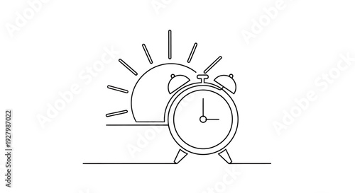 Line art drawing of an alarm clock with a rising sun, symbolizing morning and waking up.