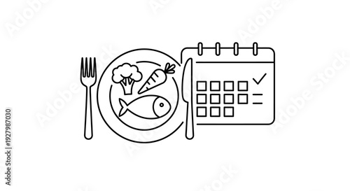 A line art illustration depicting a balanced meal on a plate with fish, broccoli, and a carrot, alongside a calendar with a checked date, symbolizing meal planning or diet schedule.