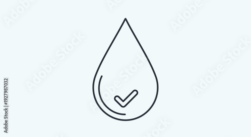 Outline icon of a water drop with a checkmark, symbolizing quality or purity.