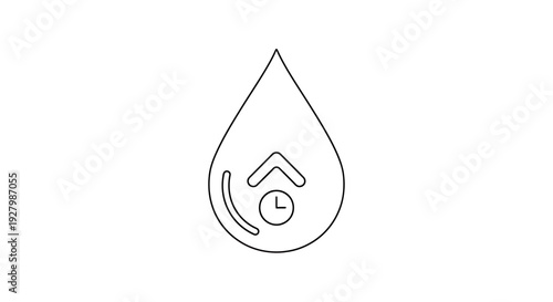 A line art icon depicting a water drop with an upward arrow and a clock, symbolizing hydration or water level increase over time.