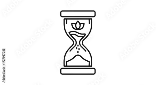 Line art hourglass with lotus flower symbol and flowing sand.