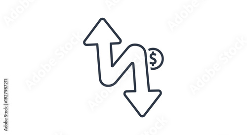 A line graph with an S-curve, showing an upward and downward arrow, with a dollar sign indicating financial fluctuation or market volatility.
