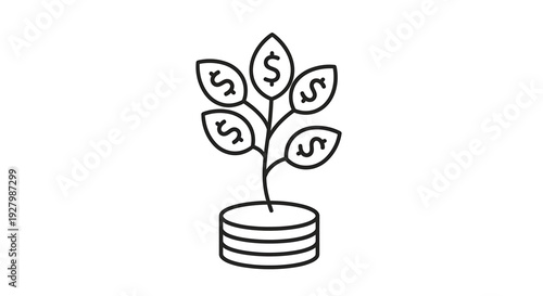 A line art illustration depicting a plant with dollar signs on its leaves growing from a stack of coins, symbolizing financial growth and investment.