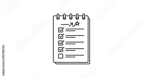Line art illustration of a spiral-bound notepad with a to-do list, checkboxes, and a star icon, symbolizing task management and planning.
