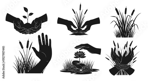 Black silhouettes of hands interacting with plants and flowers.