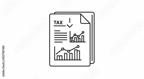 Line art icon depicting tax documents with financial charts and graphs for business analysis and reporting.
