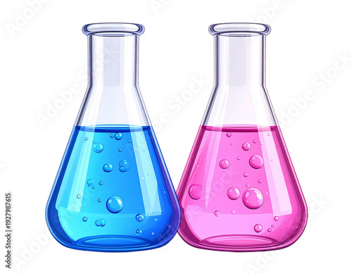 Set of laboratory flasks with blue and pink bubbling liquid isolated on transparent background clip