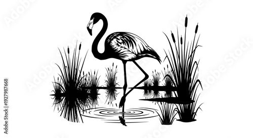 Black and white illustration of a flamingo standing in a serene wetland.