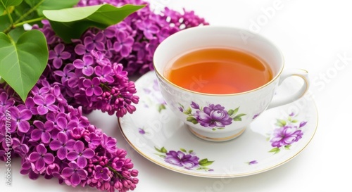 Cup of hot tea with purple lilac flowers on a white background