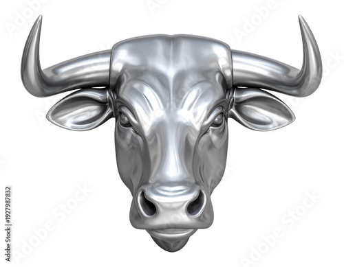 Silver bull head sculpture symbolizing strength power and aggressive bull market in financial industry