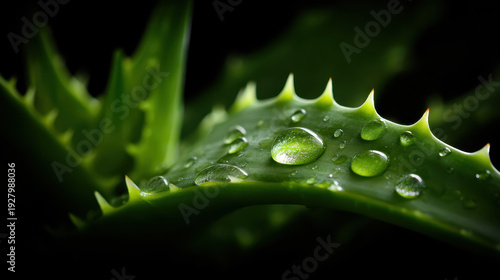 Close up of a green aloe vera plant with fresh water drops for skincare and natural wellness concepts