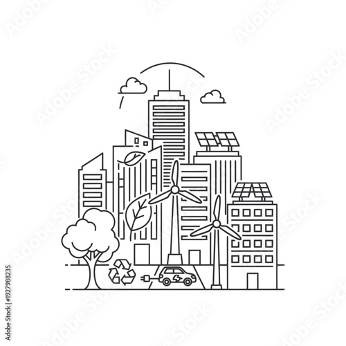 Eco city skyline with green energy and electric car