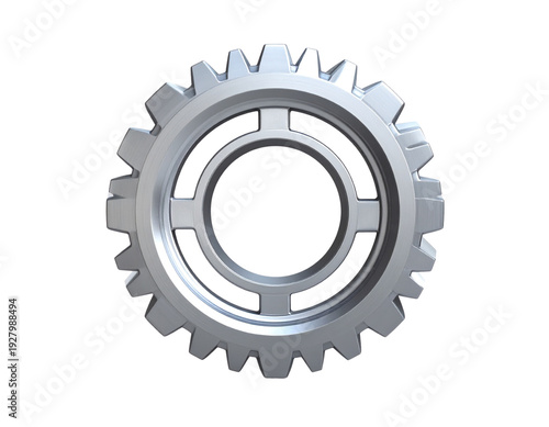 Silver metal gear cogwheel, industrial mechanical part, technical element isolated on transparent background