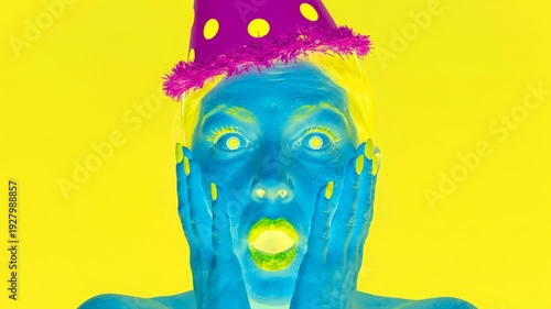 Close up of a surprised woman face in party hat with negative color inversion effect. The clip features a psychedelic inverted aesthetic with cyan skin, magenta hat, and yellow background