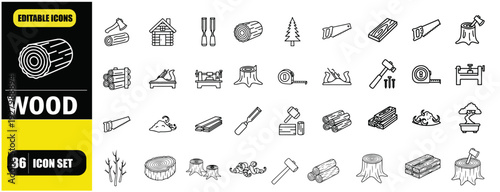 Woods and Forest Outline Icon Set, Trees, Nature, Timber, Logging, Environment, Wildlife, Linear Editable Stroke Vector Illustration