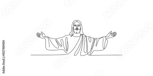 A minimalist continuous line art drawing of jesus christ in a pose with outstretched arms