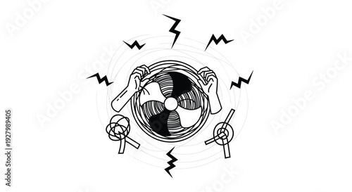 A black and white line art illustration shows two hands gripping a noisy, spinning electric fan from a top-down view on a white background.