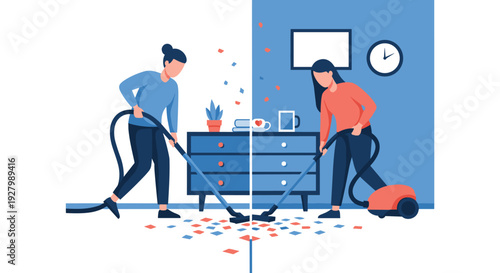 A split-screen before-and-after illustration depicts two women cleaning a room with vacuum cleaners, transforming it from messy to tidy.