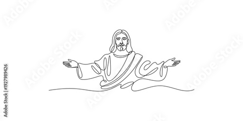 A simple continuous line art drawing of jesus christ with his arms outstretched in a welcoming gesture.